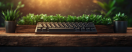 A sleek black keyboard sits prominently on a warm wooden desk, its minimalist design reflecting a focus on efficiency A touch of nature is introduced with verdant green plants, bringing serenity to the workspace The clean lines and calming greenery create an environment conducive to concentration and productivity AI Generativeの素材