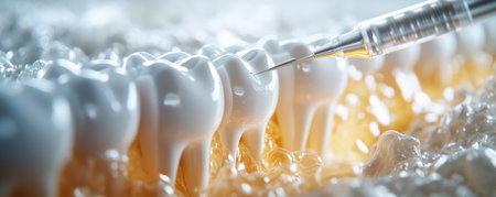 A close-up view reveals the meticulous preparation of a tooth for a dental prosthesis The image highlights the precision instruments and intricate details involved in creating these restorations It showcases the artistry and expertise of dental professionals in crafting lifelike and functional solutions for patients AI Generativeの素材