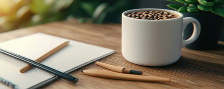 This minimalist desk setup is designed for productivity and inspiration A clean, organized workspace features essential supplies, a steaming cup of coffee, and a calming aesthetic The lack of clutter allows for a focused and creative environment, inspiring you to achieve your goals AI Generativeの素材