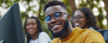 A radiant university student, effortlessly navigating a modern library in a wheelchair, embraces the power of technology The image encapsulates the spirit of inclusivity and digital learning, showcasing a welcoming and accessible library environment where everyone can thrive AI Generativeの素材
