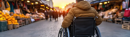A wheelchair user, embracing adventure and independence, navigates the bustling energy of a vibrant foreign marketplace With a spirit of exploration, they navigate the colorful stalls and rich aromas, soaking in the sights, sounds, and experiences of a new culture Their journey exemplifies the power of travel to overcome barriers AI Generativeの素材