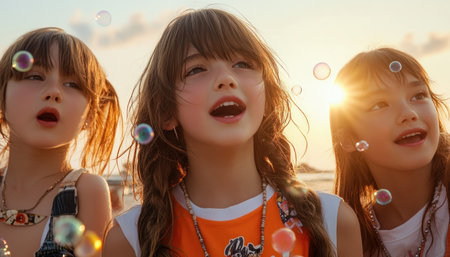Golden sunlight bathes three energetic children as they blow shimmering bubbles, their laughter and joy filling the air The bubbles dance and shimmer, reflecting their smiles and capturing the essence of carefree summer fun This is a moment of pure childhood bliss AI Generativeの素材