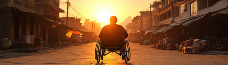 A wheelchair user embraces the vibrant chaos of a foreign marketplace, navigating bustling crowds and unfamiliar sights This journey is not just about mobility, but about independence and adventure It's a testament to the spirit of exploration, where barriers melt away and the world unfolds in a new, exhilarating way AI Generativeの素材