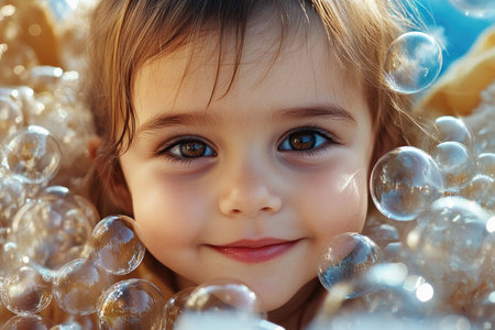 Sunlight dances on a kaleidoscope of shimmering bubbles as joyful kids play in a whimsical wonderland Laughter echoes through the air, capturing the magic of childhood in a heartwarming photo This enchanting moment, perfect for a family blog, website, or social media post, radiates pure joy and the wonder of AI Generativeの素材