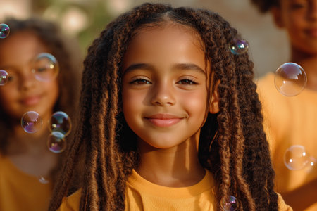 This heartwarming image captures the pure joy of children playing with bubbles in warm sunlight Their laughter and wonder evoke the magic of summer days, radiating innocence and lightheartedness It's perfect for projects needing a touch of playful fun, bringing a burst of sunshine and happiness to any design AI Generativeの素材