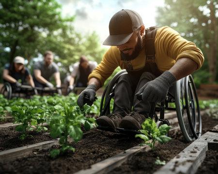 A wheelchair user is making a difference at a diverse community garden Their volunteer efforts not only contribute to the lush green spaces but also foster inclusivity, ensuring everyone can participate and enjoy the benefits of gardening This inspiring individual is proving that accessibility and green spaces can thrive together AI Generativeの素材