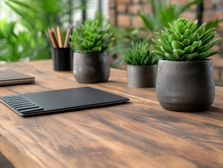 Enhance your focus with a minimalist desk setup This clean workspace features a keyboard, planner, and greenery The simplicity promotes concentration, allowing you to tackle your tasks with ease Let the calming ambiance and organized essentials guide you towards productive work AI Generativeの素材