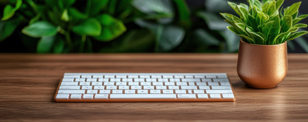 Embrace a serene and efficient workspace with this minimalist setup A clean desk, adorned with a sleek keyboard and a vibrant plant, promotes order and eliminates distractions This clutter-free environment fosters focus and boosts productivity, creating a calm oasis for optimal performance AI Generativeの素材