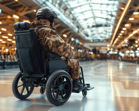 A wheelchair user seamlessly navigates a bustling modern airport, embracing personal mobility and independence With ease and confidence, they conquer the challenges of travel, demonstrating the power of accessible design and the joy of global exploration AI Generativeの素材