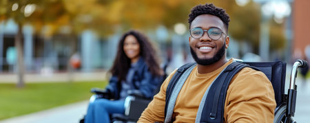 A radiant smile illuminates the face of a wheelchair user, surrounded by friends from diverse backgrounds This image embodies the spirit of an inclusive community, where accessibility, friendship, and acceptance create a space for everyone to belong It highlights the empowering nature of support and togetherness in fostering a vibrant AI Generativeの素材