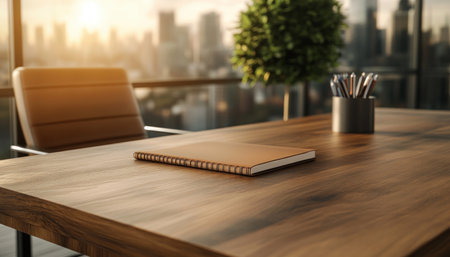 This minimalist home office desk setup prioritizes productivity and organization A clean workspace features neat stationery, a sleek keyboard, and essential planning tools The streamlined design eliminates clutter, creating a calm and focused environment ideal for work or study AI Generativeの素材