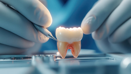 A skilled dentist meticulously adjusts a prosthetic tooth with a specialized tool, ensuring a perfect fit and seamless integration This precise dental work demonstrates the artistry and precision involved in tooth replacement, restoring both function and aesthetics for the patient AI Generativeの素材