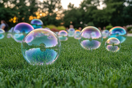 Sunshine bathes a magical garden, where children frolic amidst shimmering bubbles Laughter echoes as they chase the iridescent orbs, their faces beaming with joy A perfect summer day out, filled with wonder and delight AI Generativeの素材