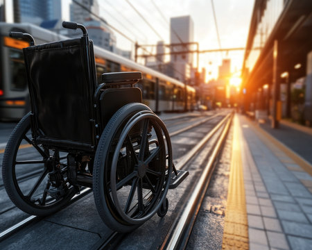 A wheelchair user confidently navigates the bustling city's public transit system, embracing mobility, independence, and freedom of movement Accessible infrastructure and inclusive attitudes empower this individual, showcasing the city's commitment to a diverse and accessible urban experience AI Generativeの素材