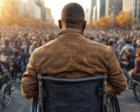 A wheelchair user experiences the vibrant energy of a bustling public event, embracing the spirit of inclusion and community Amidst the lively atmosphere, their presence exemplifies the importance of accessibility and creating spaces where everyone feels welcome and connected AI Generativeの素材