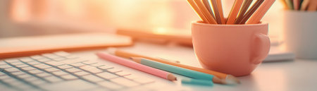 This workspace exudes efficiency and focus Sharp, organized stationery and planning tools sit alongside a sleek keyboard, creating a harmonious environment for productive tasks Every element is strategically placed to minimize distractions and maximize efficiency, ensuring a streamlined workflow AI Generativeの素材