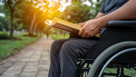 The soft glow of the library lamp illuminated a wheelchair user, lost in the pages of a book Surrounded by the hushed whispers of turning pages, the corner offered a sanctuary of peace and solitude In this quiet haven, knowledge flowed and a moment of tranquil learning blossomed AI Generativeの素材