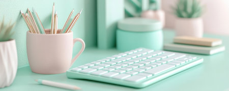Embrace a minimalist desk setup for peak productivity This clean workspace features a keyboard, pencils, and a mug, creating a space for focus and clarity The simple, stylish design inspires a productive workday Let a clutter-free environment fuel your efficiency and creativity AI Generativeの素材