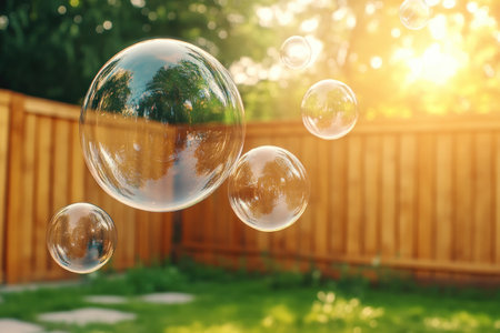Sunlight dances on shimmering bubbles as children's laughter fills the air, creating a scene of pure summer joy Backyard fun, playful moments, and happy memories are captured in this image of childhood bliss Kids playing with bubbles, families enjoying time outdoors, and the magic of summer days all come together AI Generativeの素材