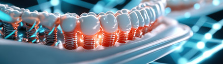 This image showcases the meticulous preparation for dental implant surgery A sterile tray holds titanium implants, ready for placement The close-up view highlights the precision and care involved in this oral surgery procedure, aiming to restore a patient's smile and functionality AI Generativeの素材