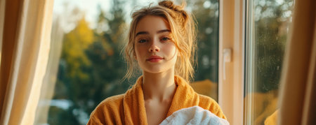 A serene woman, clad in a plush bathrobe, stands by a expansive window, gazing out with a contemplative expression Soft light illuminates her features, highlighting the tranquility of the moment Her silhouette, framed by the vast expanse of the window, evokes a sense of introspection and quiet contemplation AI Generativeの素材