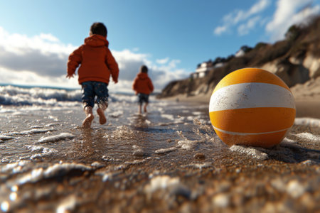 On a breezy summer day, children gleefully chase a beach ball along the sandy shore Their energetic play embodies the joy of a family vacation, filled with laughter and unforgettable moments The ocean breeze carries their joyous shouts as they revel in the simple pleasures of summer fun AI Generativeの素材
