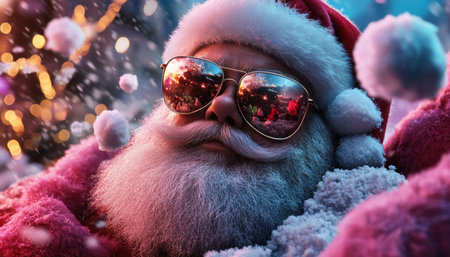 Santa Claus, sporting mirrored sunglasses, brings a cool twist to a festive winter party Amidst the snow and laughter, he throws snowballs with playful abandon, adding a touch of fun to the holiday celebration The atmosphere is electric with joy and the spirit of the season AI Generativeの素材