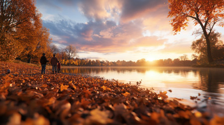 A family fishing trip in autumn unfolds with parents and children enjoying a peaceful day by the riverbank Vibrant fall foliage surrounds them as they cast their lines and bask in the tranquility of the season The gentle breeze carries the scent of crisp air and fallen leaves, creating a AI Generativeの素材
