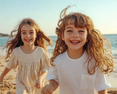 The sun-drenched beach buzzes with joyful energy as children play leapfrog Giggles and laughter fill the air as tiny feet pound the sand, their bodies a blur of motion The warmth of summer radiates, infusing every playful moment with pure, unadulterated joy AI Generativeの素材