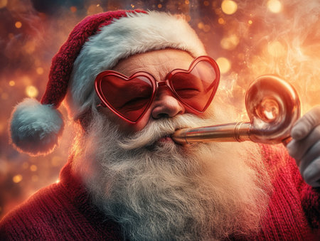 Santa Claus, sporting heart-shaped sunglasses and a playful grin, blows a party horn, spreading festive cheer This humorous image captures the spirit of Christmas fun, with Santa's stylish touch adding a touch of festive whimsy to the holiday celebration AI Generativeの素材