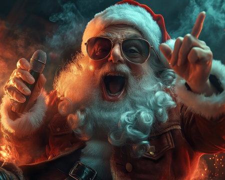 Forget the sleigh and reindeer! Santa's ditching the North Pole for the stage, rocking funky shades and sharing hilarious Christmas jokes This festive comedy show is packed with outrageous humor about elves, reindeer, and naughty or nice lists Get ready to laugh your stocking off! AI Generativeの素材