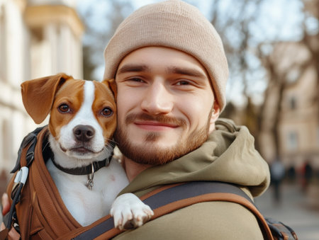 A fashion-forward gent rocks a minimalist hoodie, his effortlessly cool vibe elevated by a trendy dog sling The furry companion nestled within adds a touch of playful charm, proving that urban style can be shared with our four-legged friends This dynamic duo inspires a new breed of pet fashion, where AI Generativeの素材
