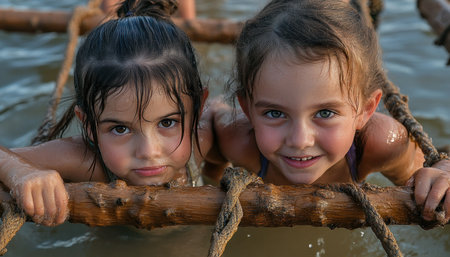 Two sisters transform a scenic lakeshore into an epic obstacle course, blending laughter, adventure, and the vibrant spirit of summer Their creation invites friends and family to conquer challenges, embrace the outdoors, and create unforgettable memories AI Generativeの素材
