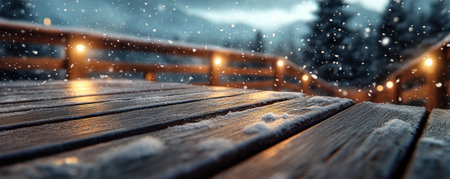 The wooden deck is cloaked in a gentle snowfall, each flake a whisper of winter's magic The air is hushed, filled with the anticipation of Christmas surprises The falling snow, like a soft, white blanket, creates an atmosphere of joy and wonder, hinting at the magic that awaits AI Generativeの素材