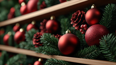 Embrace the holiday spirit with a festive Christmas advent calendar adorned with vibrant red ornaments, natural pine cones, and lush evergreen branches Each day, unveil a delightful surprise as you countdown to the joyous Christmas celebrations Let the festive decor and anticipation of each opening bring warmth and cheer to AI Generativeの素材
