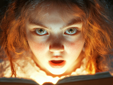A young girl, eyes alight with wonder, carefully unwraps a mysterious book Its secrets promise adventure and magic Within its pages, she finds worlds waiting to be explored, stories begging to be told, and dreams waiting to be dreamed This gift sparks a love for literature, a thirst for knowledge, AI Generativeの素材