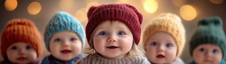 Capture the joy of the season with adorable babies sporting colorful, knitted winter beanies These playful little ones bring festive cheer with their charming smiles and cozy headwear A heartwarming photo perfect for spreading holiday joy and capturing the innocence of childhood AI Generativeの素材