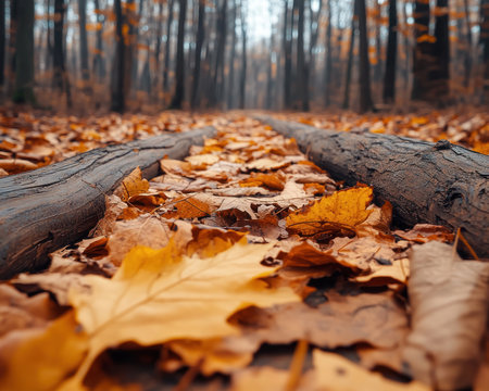 Imagine a rustic trail winding through a vibrant autumn forest Fallen leaves paint the path in fiery hues, leading to a serene woodland haven This is the perfect escape for hiking, capturing nature's beauty through photography, and finding inspiration in the breathtaking fall scenery AI Generativeの素材