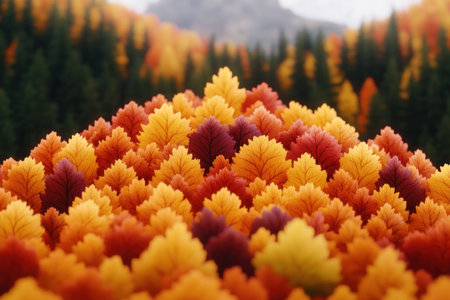 Experience the breathtaking beauty of an autumn mountaintop Witness a symphony of vibrant fall colors as trees transform into a kaleidoscope of reds, oranges, yellows, and golds Nature's canvas bursts with splendor, offering a breathtaking display of seasonal beauty AI Generativeの素材