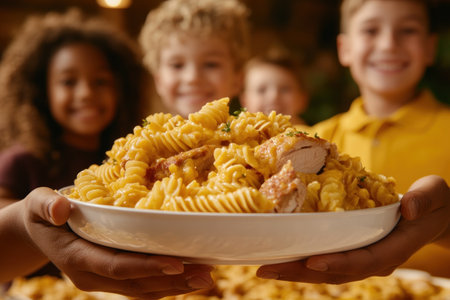 A warm tableau of Thanksgiving joy unfolds as hands, close-up, pass steaming dishes, their owners smiling and laughing The scene is a vibrant testament to the spirit of gratitude and togetherness that defines this cherished holiday Laughter mingles with the scent of roasted turkey and the warmth of familial bonds, AI Generativeの素材