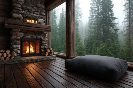 Escape to a cozy cabin nestled in the winter woods Relax by the warm fireplace, surrounded by wooden beams and breathtaking views Find tranquility and rejuvenation in this secluded retreat, perfect for a peaceful getaway AI Generativeの素材