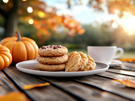 Gather your loved ones for a heartwarming Thanksgiving feast enjoyed under the open sky A festive table adorned with pumpkin accents and autumn leaves creates a cozy atmosphere, inviting family and friends to share a delicious meal and celebrate the season's bounty AI Generativeの素材
