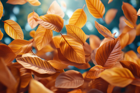 Autumn's vibrant tapestry unfolds as leaves, painted in fiery hues of red, orange, and gold, dance in the wind A symphony of nature's artistry, captured in stunning detail, showcases the breathtaking beauty of fall foliage This photograph transports you to a world of vibrant colors and gentle movement, capturing the AI Generativeの素材