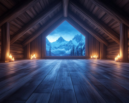 Escape to a secluded mountain cabin where warm wooden walls embrace you Flickering candlelight dances in the cozy space, while a crackling fireplace warms your soul Lose yourself in the tranquility, the perfect recipe for a relaxing getaway AI Generativeの素材