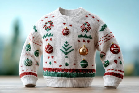 Embrace cozy winter vibes with this eye-catching Christmas sweater! Adorned with colorful ornaments, it's perfect for holiday parties and festive gatherings Its unique and festive design will make you the life of the party! Get ready to spread holiday cheer in style! AI Generativeの素材