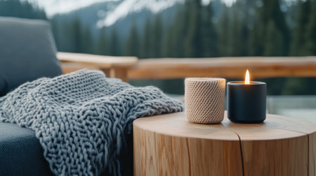Escape to a cozy cabin retreat where the crackling fire warms your soul, soft blankets envelop you in comfort, and natural wood decor creates a serene ambiance Embrace the essence of hygge a feeling of contentment and well-being and find peace amidst nature's embrace AI Generativeの素材