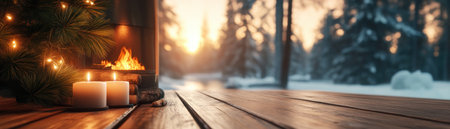 Step into a Scandinavian haven where warm wooden walls embrace you Soft lighting casts a gentle glow, while a crackling fireplace invites you to relax Embrace the spirit of hygge in this cozy cabin interior, a sanctuary of comfort and serenity AI Generativeの素材