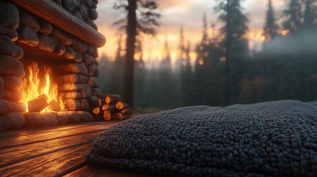Escape to a cozy cabin retreat this winter Immerse yourself in the warmth of a crackling fireplace, sink your feet into thick rugs, and enjoy the natural wood accents that create a truly inviting atmosphere Let the serenity of the cabin envelop you and rediscover the simple joys of a AI Generativeの素材