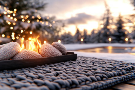 Escape to a winter wonderland in a cozy cabin nestled amidst snowy forests Immerse yourself in warmth and tranquility, surrounded by thick rugs and the soft glow of a crackling fire Unwind in a serene atmosphere, where nature's beauty meets rustic charm AI Generativeの素材
