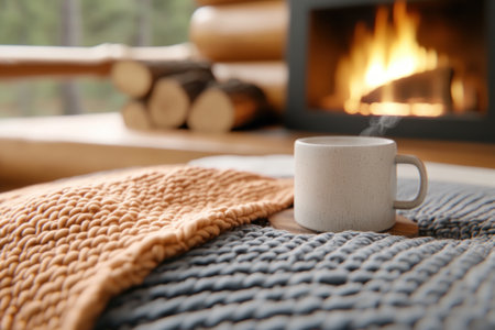 Escape to a wood-clad haven where cozy meets comfort Unwind in a cabin retreat with a warm fireplace, soft blankets, and the crackling fire's soothing embrace Experience the essence of hygge, finding serenity in the simple pleasures of this tranquil escape AI Generativeの素材
